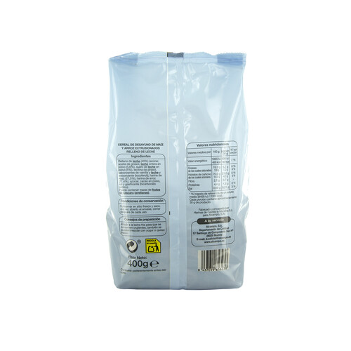 PRODUCTO ALCAMPO Cereales de desayuno, de maíz y arroz rellenos de leche, sin gluten PRODUCTO ALCAMPO 400 g.