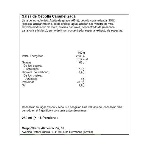 YBARRA Salsa cebolla caramelizada, sin conservantes ni colorantes 250 ml