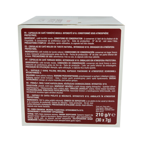 PRODUCTO ALCAMPO Café molido de tueste natural en cápsulas Espresso Intenso Intensidad 9 PRODUCTO ALCAMPO 30 uds. 210 g.