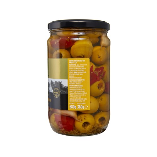 JOLCA Aceitunas gordal sin hueso con pimiento y ajo 680 g.