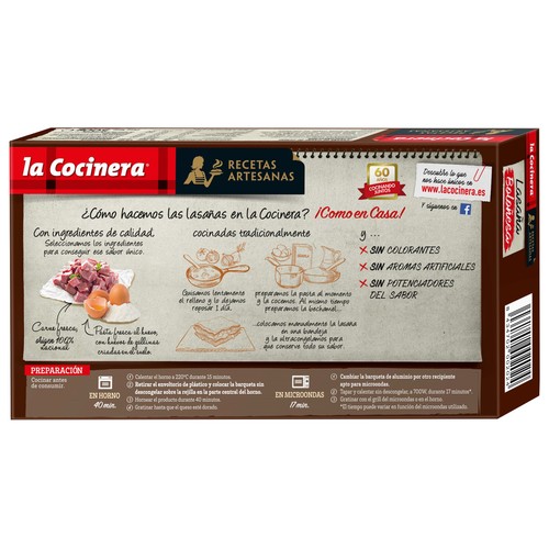 LA COCINERA Lasaña de pasta fresca al huevo a la Boloñesa (con carne 100% nacional)  Recetas artesanas 500 g.