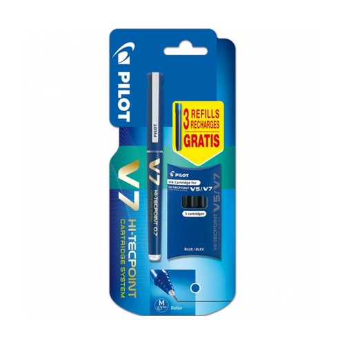 Bolígrafo tipo roller punta mediana y grosor de 0.7mm, tinta líquida azul + 3 recambios PILOT V-7.