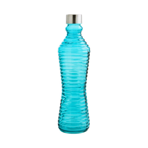 Botella de cristal color azul con líneas en relieve, tapa metálica de rosca, 1 litro, Line QUID.