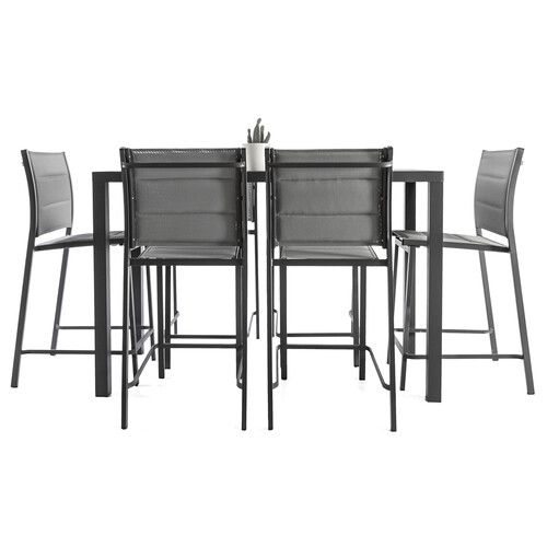 Conjunto de 7 piezas con mesa y 6 sillas altas de aluminio y textileno color negro, Oliva KACTUS REPUBLIC.
