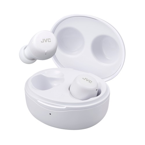 Auriculares deportivos bluetooth tipo cuello JVC HA-A5T-WN-E, estuche cargador, micrófono, color blanco.