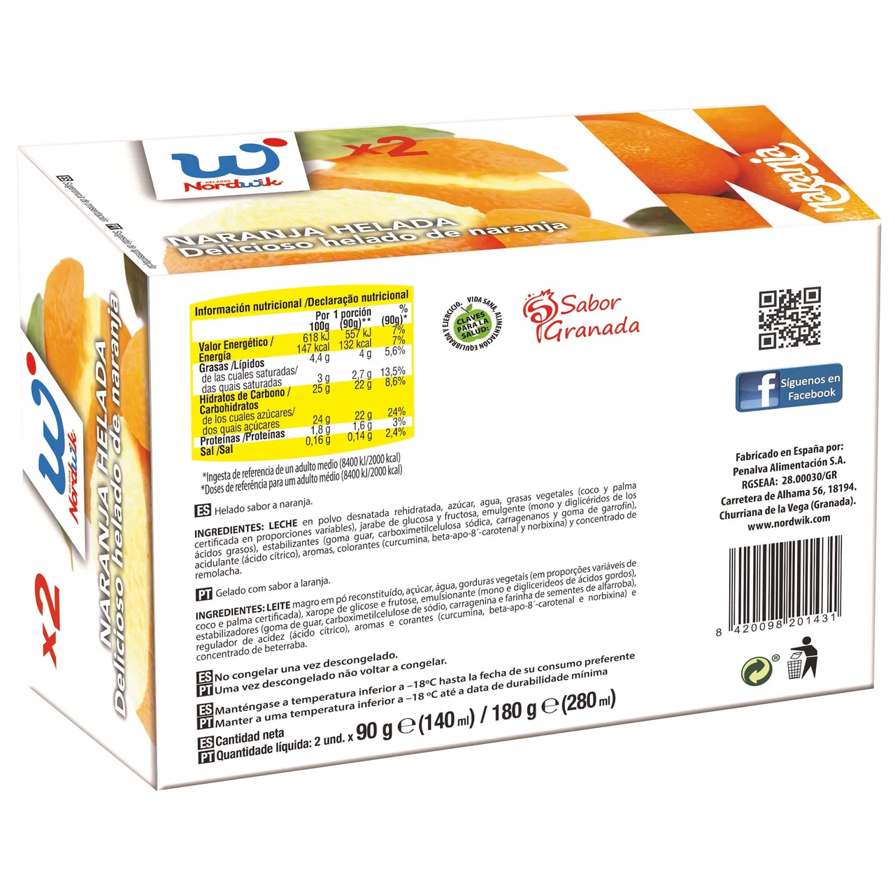 Naranja rellena de delicioso helado con sabor a naranja 2 x 140 ml.