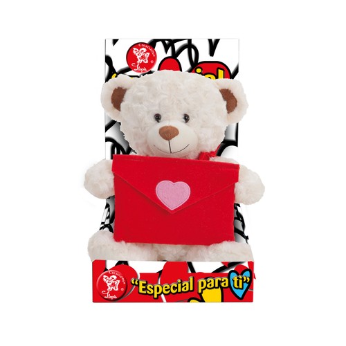 Osito de peluche de 30 centímetros color blanco en caja con carta para mensaje LLOPIS 1 unidad.