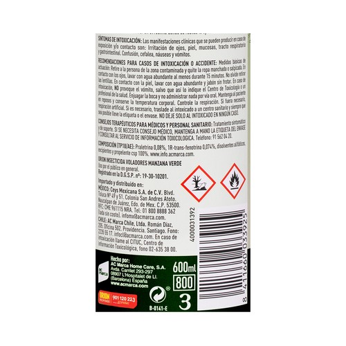 ORION Insecticida aerosol manzana verde, mata y protege 600 ml.