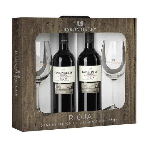 Estuche de vino tinto reserva con denominación de origen Rioja BARÓN DE LEY 2 botellas de 75 cl y 2 copas