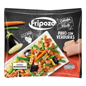Salteado de pavo con brotes de cebolla, judías verdes, zanahoria y berenjena de 400 g.