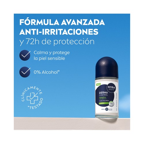NIVEA Men derma control sensitive Desodorante roll on para hombre, antitranspirante hasta 72 horas.
