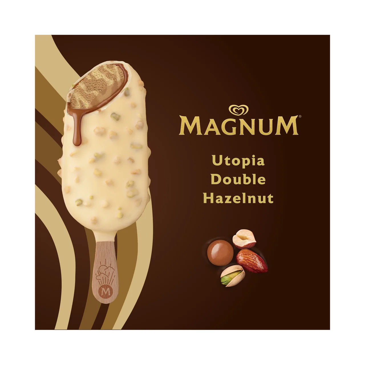 Utopia doble hazelnut de Frigo Helado de avellana, almendra y caramelo recubierto de chocolate blanco 3 x 85 ml.