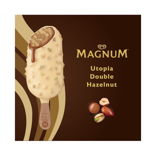 MAGNUM Utopia doble hazelnut de Frigo Helado de avellana, almendra y caramelo recubierto de chocolate blanco 3 x 85 ml.
