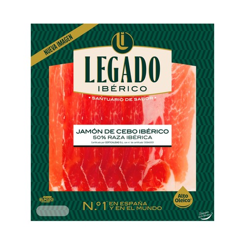 Jamón de cebo ibérico (50% raza ibérica), cortado en lonchas finas con separador LEGADO IBÉRICO de El pozo 60 g.