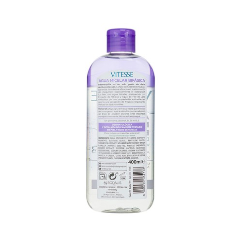 VITESSE Agua micelar desmaquillante bifásica waterproof para pieles y ojos sensibles 400 ml.