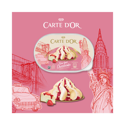CARTE D'OR Tarrina de helado sabor a tarta de queso y helado sabor a galleta con salsa de fresa CARTE D´OR 900 ml.
