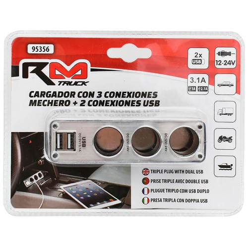 Cargador mechero triple conexión doble conexión usb, 12-24v. RM CLEAN