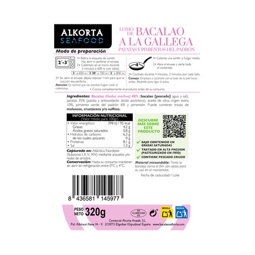 ALKORTA Lomo de bacalao a la gallega con patatas 320 g.
