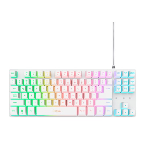 Teclado gaming TRUST Thado GXT 833W, formato TKL, color blanco, metálico, iluminación led, cable usb