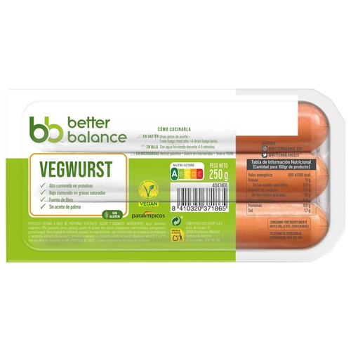 BETTER BALANCE Salchichas de proteinas vegetales tipo Vegwurst 250 g.