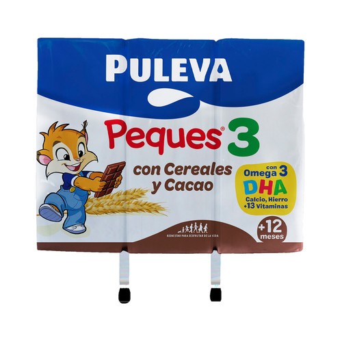 PULEVA Peques 3 Leche de crecimiento con cereales y cacao, de 12 a 36 meses 3 x 200 ml.