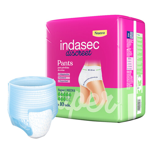 INDASEC Pants de incontinencia super, talla mediana, para perdidas de orina severas INDASEC Discreet 10 uds