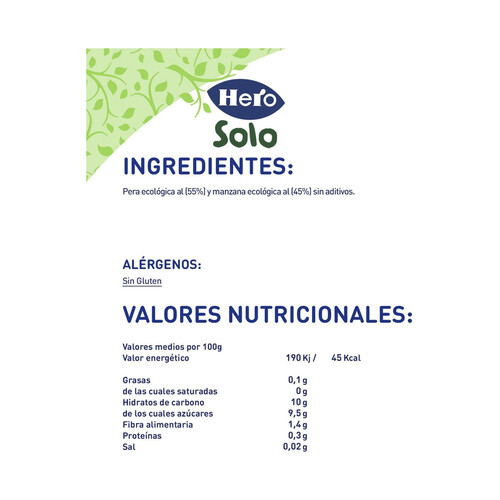 HERO Solo Tarrito de fruta (pera y manzana), ecológica, para bebés a partir de 4 meses 120 g.