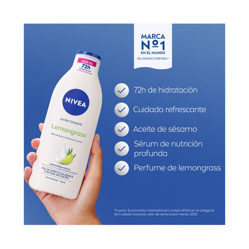 NIVEA Loción corporal (body milk) hidratante con aroma a lemongrass, para pieles normales a secas 400 ml.