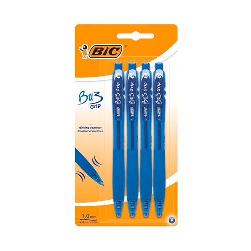 Pack de 4 bolígrafos retráctiles, BU3 grip azul, BIC.