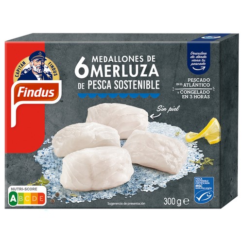 FINDUS Medallones congelados de merluza sin piel, procedenes de MSC (pesca sostenible certificada) 300 g.