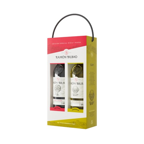 RAMÓN BILBAO  Estuche con botella de vino tinto crianza con DOC Rioja y botella de vino blanco con DO Rueda.
