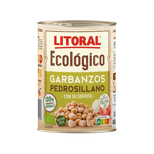 LITORAL ECOLÓGICO Garbanzos con sofrito, variedad Pedrosillano, ecológicos 425 g.
