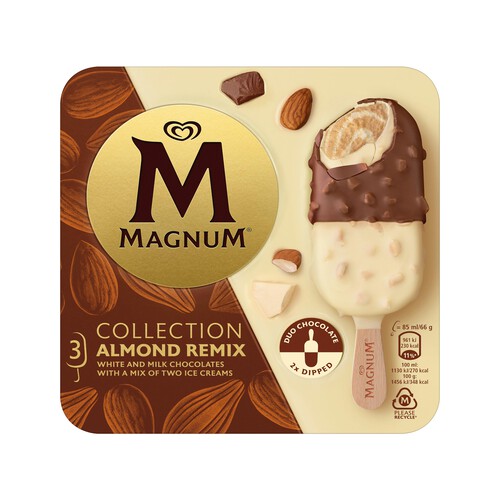 MAGNUM Bombón almendrado con helado sabor almendra, recubierto de chocolate con leche y chocolate blanco almond remix 3 x 85 ml.