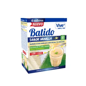 VIVE+ SALUD Y VIDA Batido sustitutivo sabor vainilla, con extracto té verde y guaraná VIVE + SALUD Y VIDA 180 g.
