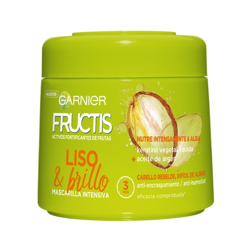 FRUCTIS Liso y brillo de Garnier Hidra liso Mascarilla capilar fortificante para cabello rebelde o difícil de alisar 300 ml.