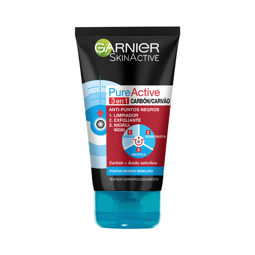 GARNIER Gel facial limpiador y exfoliante con carbón 3 en 1 GARNIER Skin active pure active 50 ml.