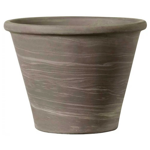 Maceta redonda fabricada en terracota natural en tonos grises. Diseño en dos tonos. Con agujero para drenaje.Capacidad: 1,4 litros