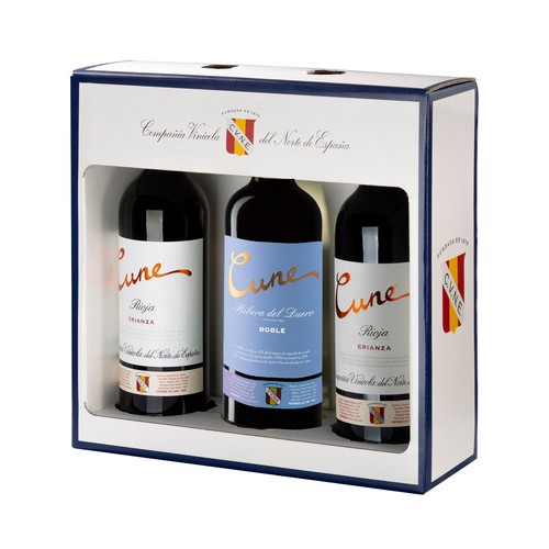 CUNE  Estuche con 2 botellas de vino tinto crianza D.O.C Rioja y botella de vino tinto Roble D.O. Ribera del Duero CUNE.