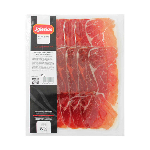 Jamón de cebo ibérico (50% raza ibérica), cortado en finas lonchas IGLESIAS 150 g.