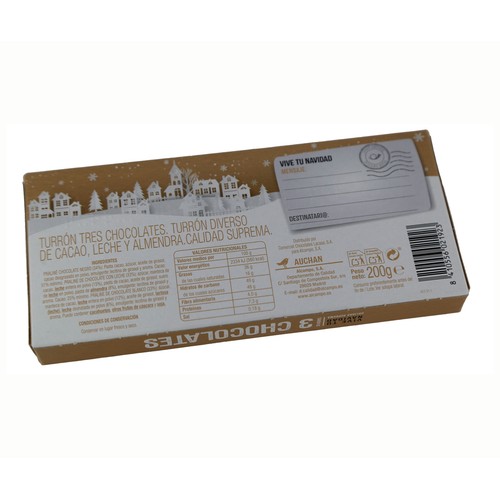 PRODUCTO ALCAMPO Turrón tres chocolates (blanco, negro y con leche) PRODCUTO ALCAMPO 200 g.