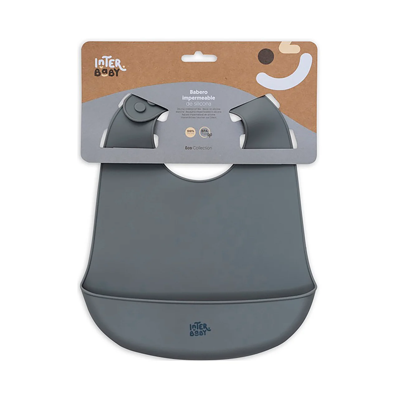 Babero silicona INTERBABY con recogemigas de 23x28,5x2cm, color gris.