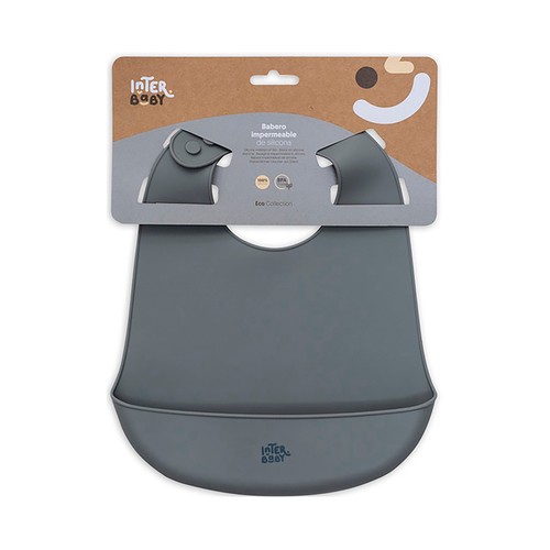 Babero silicona INTERBABY con recogemigas de 23x28,5x2cm, color gris.