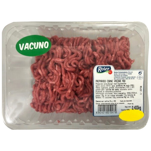 Bandeja con preparado de carne picada de vacuno (burger meat) ROLER 400 g.