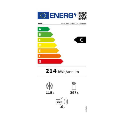 Frigorífico combi 203,5cm BEKO B5RCNE416HW BLANCO. NO FROST, clasificación energética: C, H: 203,5cm, A: 59,5cm, F: 67,3cm, capacidad total: 415L.