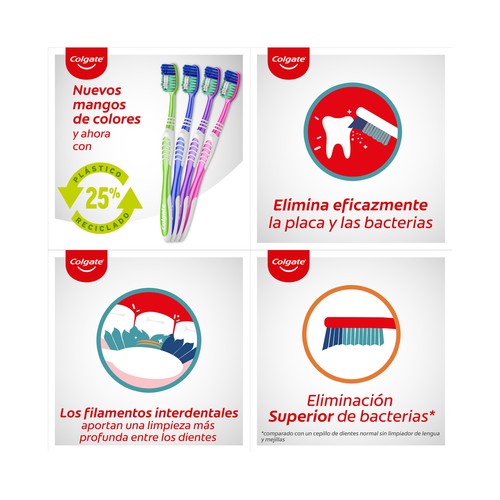 COLGATE Extra clean Cepillo de dientes medio, que ayuda a eliminar las bacterias bucales 4 uds.