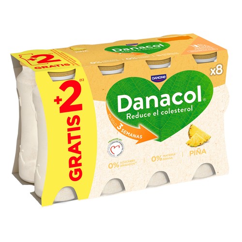 DANACOL de Danone Leche fermentada desnatada con edulcorantes, esteroles vegetales añadidos y piña 8 x 100 g.