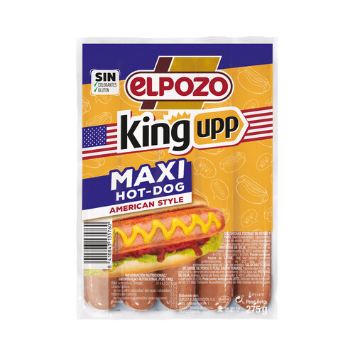 EL POZO King upp Salchichas cocidas maxi, con sabor ahumado, especiales para perritos calientes 275 g.