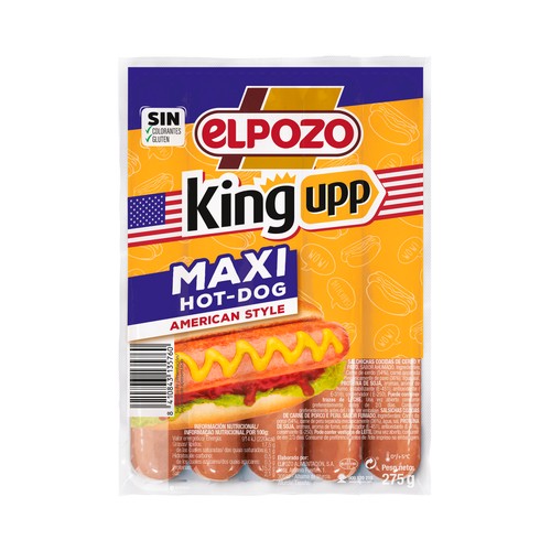 EL POZO King upp Salchichas cocidas maxi, con sabor ahumado, especiales para perritos calientes 275 g.