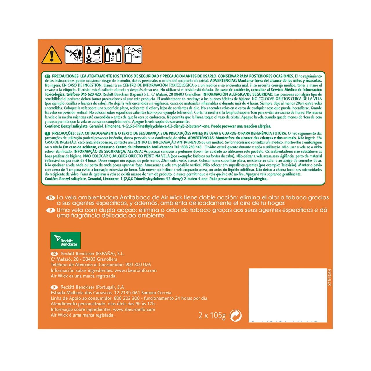 AIR WICK Pack de 2 velas antitabaco con aroma cítrico AIR WICK.