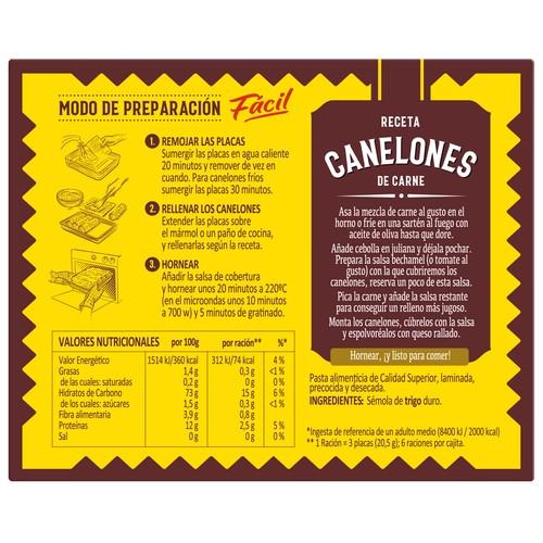 EL PAVO Pasta canelones , pasta alimenticia laminada precocida y desecada 18 uds 120 g.